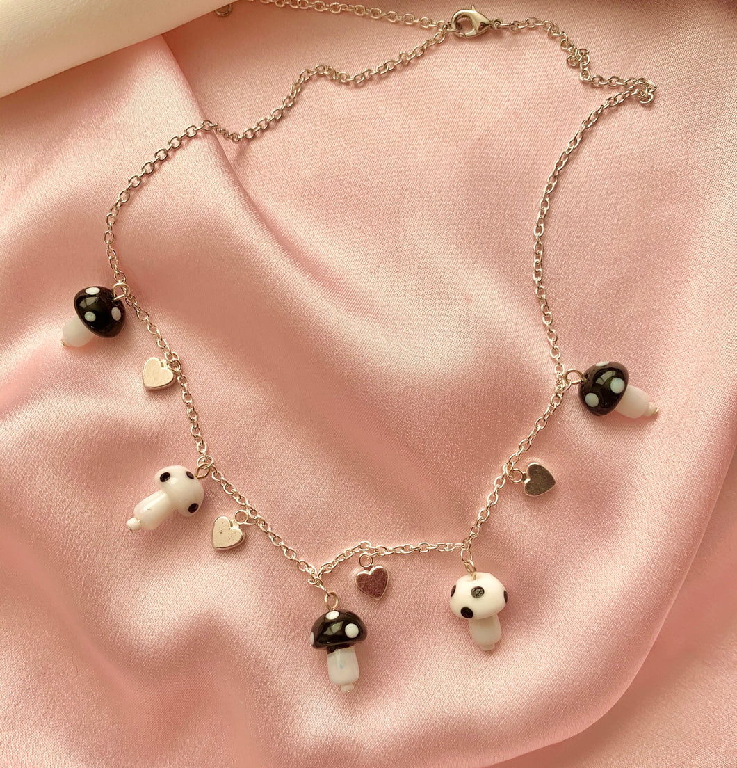 Black and White Mushroom Hearts Necklace